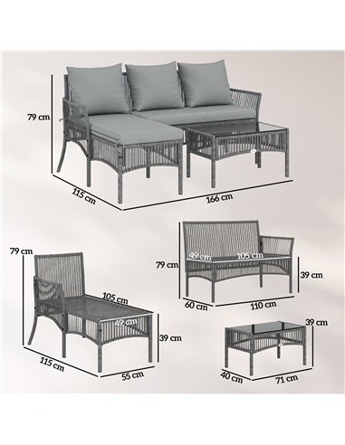 Outsunny 3 Piece Rattan Garden Furniture Corner Sofa Set with Chaise Lounge, Loveseat, Glass Coffee Table, Cushions, Dark Grey