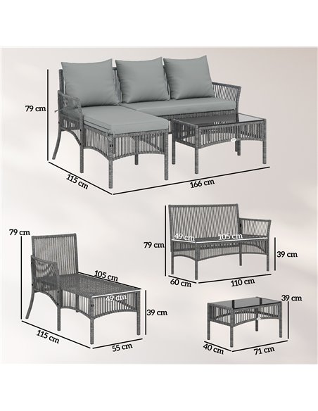 Outsunny 3 Piece Rattan Garden Furniture Corner Sofa Set with Chaise Lounge, Loveseat, Glass Coffee Table, Cushions, Dark Grey - pic 199143 | FastDaddyshop
