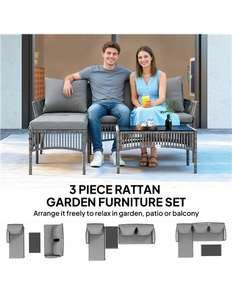 Outsunny 3 Piece Rattan Garden Furniture Corner Sofa Set with Chaise Lounge, Loveseat, Glass Coffee Table, Cushions, Dark Grey - pic 199144 | FastDaddyshop