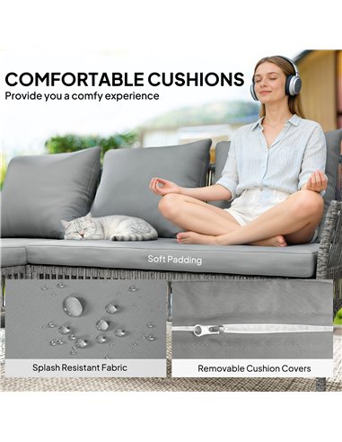 Outsunny 3 Piece Rattan Garden Furniture Corner Sofa Set with Chaise Lounge, Loveseat, Glass Coffee Table, Cushions, Dark Grey