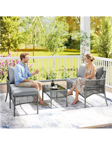 Outsunny 3 Piece Rattan Garden Furniture Corner Sofa Set with Chaise Lounge, Loveseat, Glass Coffee Table, Cushions, Dark Grey