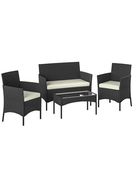 Outsunny 4 Piece Rattan Garden Furniture Sofa Set with Loveseat, Armchairs, Glass-Top Coffee Table and Cushions, Cream White - pic 199150 | FastDaddyshop