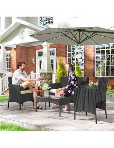 Outsunny 4 Piece Rattan Garden Furniture Sofa Set with Loveseat, Armchairs, Glass-Top Coffee Table and Cushions, Cream White