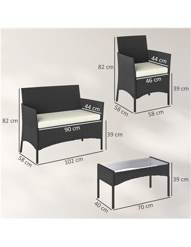 Outsunny 4 Piece Rattan Garden Furniture Sofa Set with Loveseat, Armchairs, Glass-Top Coffee Table and Cushions, Cream White