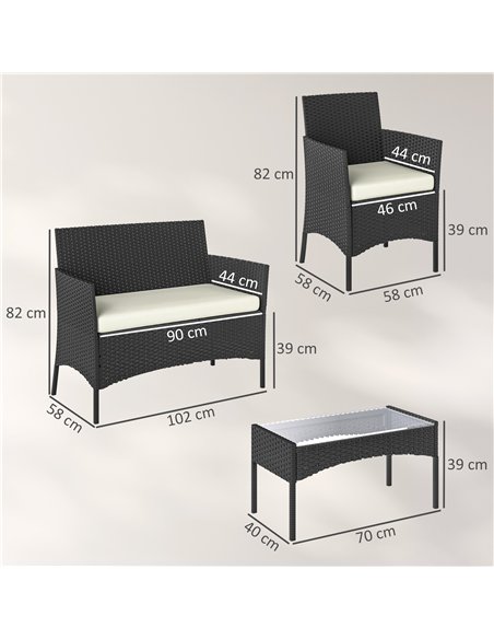 Outsunny 4 Piece Rattan Garden Furniture Sofa Set with Loveseat, Armchairs, Glass-Top Coffee Table and Cushions, Cream White - pic 199152 | FastDaddyshop