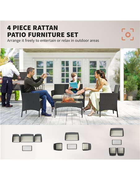 Outsunny 4 Piece Rattan Garden Furniture Sofa Set with Loveseat, Armchairs, Glass-Top Coffee Table and Cushions, Cream White - pic 199153 | FastDaddyshop