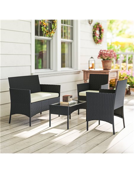 Outsunny 4 Piece Rattan Garden Furniture Sofa Set with Loveseat, Armchairs, Glass-Top Coffee Table and Cushions, Cream White - pic 199157 | FastDaddyshop