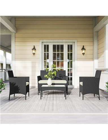 Outsunny 4 Piece Rattan Garden Furniture Sofa Set with Loveseat, Armchairs, Glass-Top Coffee Table and Cushions, Cream White