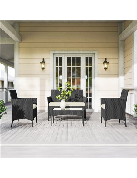Outsunny 4 Piece Rattan Garden Furniture Sofa Set with Loveseat, Armchairs, Glass-Top Coffee Table and Cushions, Cream White - pic 199158 | FastDaddyshop
