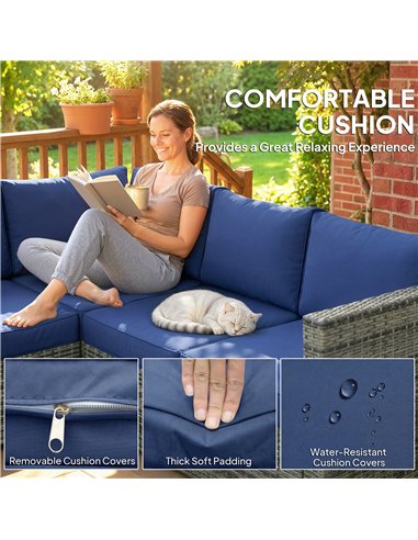 Outsunny Four-Piece Rattan Sofa Set with 11 Cushions, Steal Frame, Blue