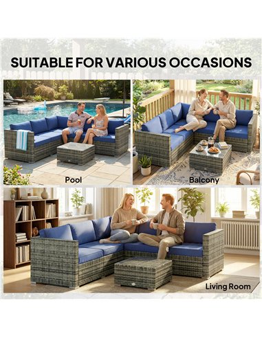 Outsunny Four-Piece Rattan Sofa Set with 11 Cushions, Steal Frame, Blue