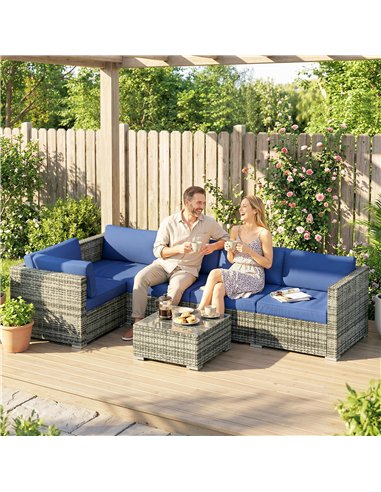 Outsunny Four-Piece Rattan Sofa Set with 11 Cushions, Steal Frame, Blue