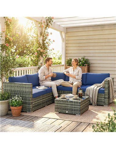 Outsunny Four-Piece Rattan Sofa Set with 11 Cushions, Steal Frame, Blue