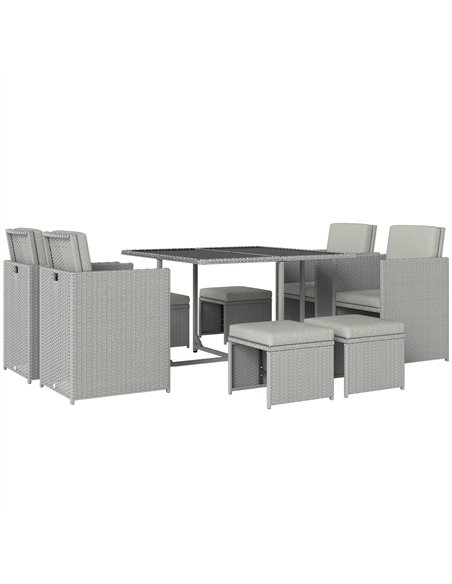 Outsunny 9 Piece Rattan Cube Garden Furniture Dining Set with Armchairs, Footstools and Glass-Top Table, Light Grey - pic 199177 | FastDaddyshop