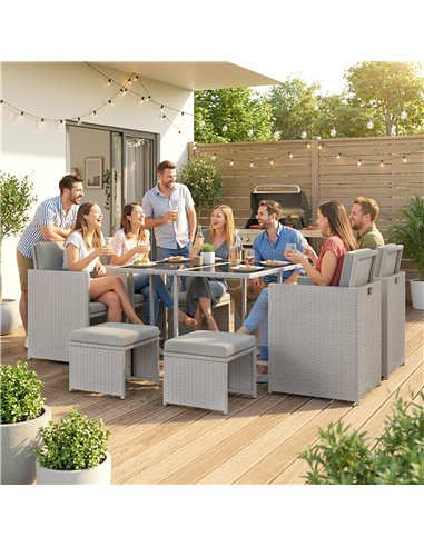 Outsunny 9 Piece Rattan Cube Garden Furniture Dining Set with Armchairs, Footstools and Glass-Top Table, Light Grey