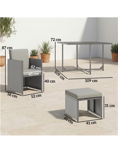 Outsunny 9 Piece Rattan Cube Garden Furniture Dining Set with Armchairs, Footstools and Glass-Top Table, Light Grey