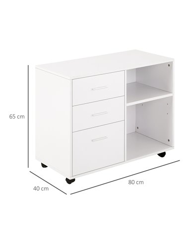 HOMCOM Freestanding Stand Unit Mobile Storage with Wheels, 3 Drawers, 2 Open Shelves, White