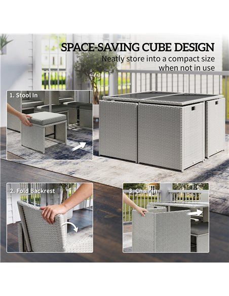 Outsunny 9 Piece Rattan Cube Garden Furniture Dining Set with Armchairs, Footstools and Glass-Top Table, Light Grey - pic 199180 | FastDaddyshop
