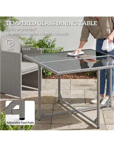 Outsunny 9 Piece Rattan Cube Garden Furniture Dining Set with Armchairs, Footstools and Glass-Top Table, Light Grey