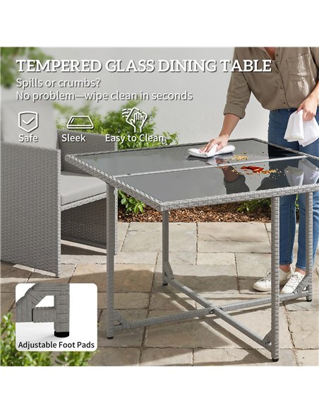 Outsunny 9 Piece Rattan Cube Garden Furniture Dining Set with Armchairs, Footstools and Glass-Top Table, Light Grey - pic 199183 | FastDaddyshop