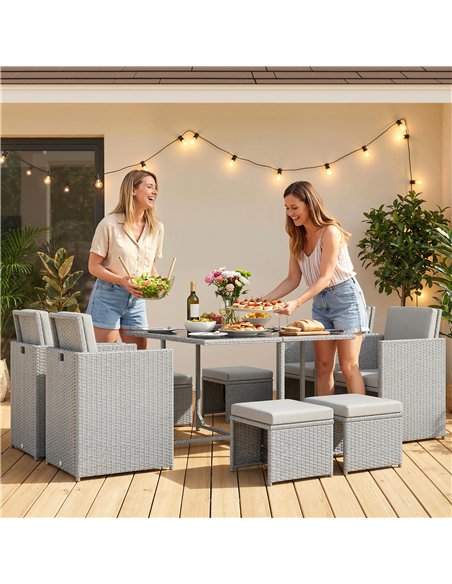 Outsunny 9 Piece Rattan Cube Garden Furniture Dining Set with Armchairs, Footstools and Glass-Top Table, Light Grey - pic 199184 | FastDaddyshop