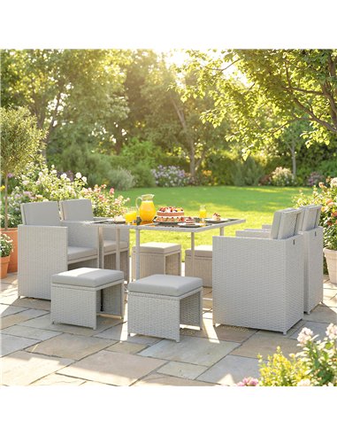 Outsunny 9 Piece Rattan Cube Garden Furniture Dining Set with Armchairs, Footstools and Glass-Top Table, Light Grey
