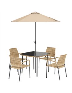 Outsunny 4 Seater Rattan Dining Set with Parasol, 6 Piece Garden Table and Stackable Chairs with Tempered Glass Tabletop