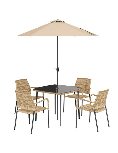 Outsunny 4 Seater Rattan Dining Set with Parasol, 6 Piece Garden Table and Stackable Chairs with Tempered Glass Tabletop - pic 199186 | FastDaddyshop