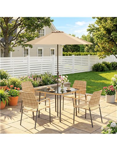 Outsunny 4 Seater Rattan Dining Set with Parasol, 6 Piece Garden Table and Stackable Chairs with Tempered Glass Tabletop