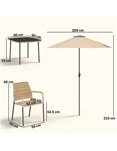 Outsunny 4 Seater Rattan Dining Set with Parasol, 6 Piece Garden Table and Stackable Chairs with Tempered Glass Tabletop