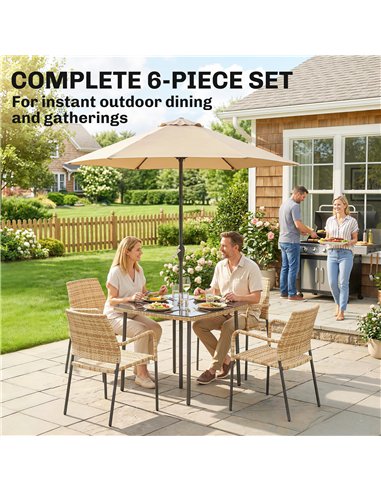 Outsunny 4 Seater Rattan Dining Set with Parasol, 6 Piece Garden Table and Stackable Chairs with Tempered Glass Tabletop