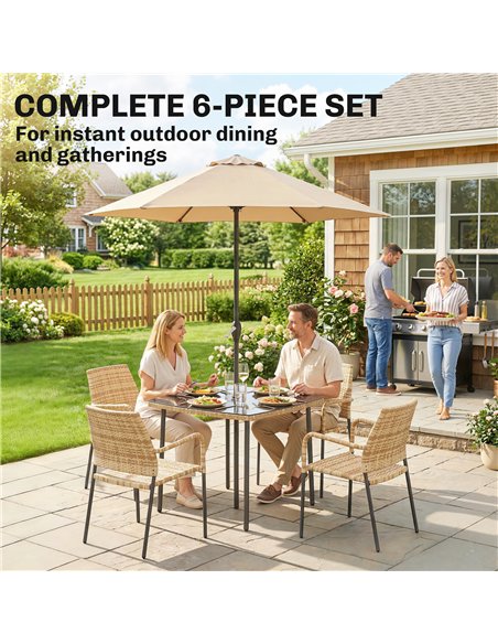 Outsunny 4 Seater Rattan Dining Set with Parasol, 6 Piece Garden Table and Stackable Chairs with Tempered Glass Tabletop - pic 199189 | FastDaddyshop
