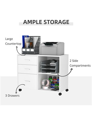 HOMCOM Freestanding Stand Unit Mobile Storage with Wheels, 3 Drawers, 2 Open Shelves, White