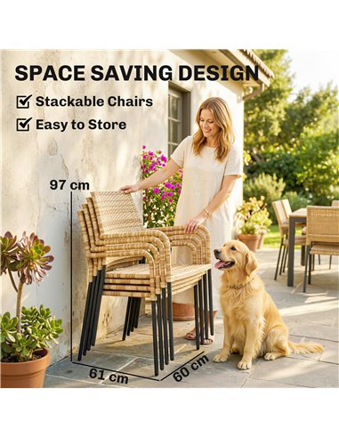 Outsunny 4 Seater Rattan Dining Set with Parasol, 6 Piece Garden Table and Stackable Chairs with Tempered Glass Tabletop