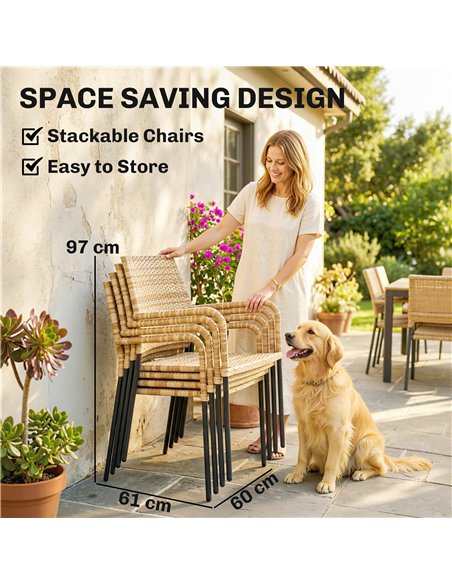 Outsunny 4 Seater Rattan Dining Set with Parasol, 6 Piece Garden Table and Stackable Chairs with Tempered Glass Tabletop - pic 199191 | FastDaddyshop