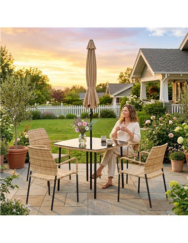 Outsunny 4 Seater Rattan Dining Set with Parasol, 6 Piece Garden Table and Stackable Chairs with Tempered Glass Tabletop