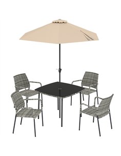 Outsunny 4 Seater Rattan Dining Set with Parasol, 6 Piece Garden Table and Stackable Chairs with Tempered Glass Tabletop