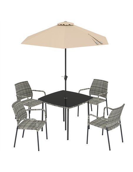 Outsunny 4 Seater Rattan Dining Set with Parasol, 6 Piece Garden Table and Stackable Chairs with Tempered Glass Tabletop - pic 199195 | FastDaddyshop