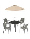 Outsunny 4 Seater Rattan Dining Set with Parasol, 6 Piece Garden Table and Stackable Chairs with Tempered Glass Tabletop