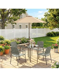 Outsunny 4 Seater Rattan Dining Set with Parasol, 6 Piece Garden Table and Stackable Chairs with Tempered Glass Tabletop 2