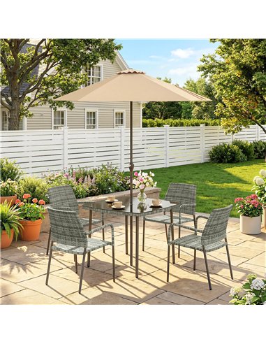 Outsunny 4 Seater Rattan Dining Set with Parasol, 6 Piece Garden Table and Stackable Chairs with Tempered Glass Tabletop