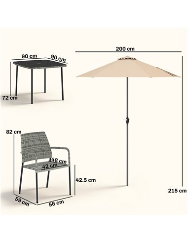 Outsunny 4 Seater Rattan Dining Set with Parasol, 6 Piece Garden Table and Stackable Chairs with Tempered Glass Tabletop