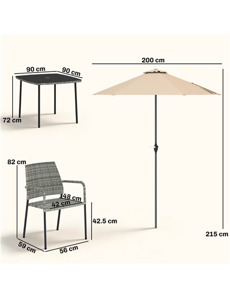 Outsunny 4 Seater Rattan Dining Set with Parasol, 6 Piece Garden Table and Stackable Chairs with Tempered Glass Tabletop - pic 199197 | FastDaddyshop