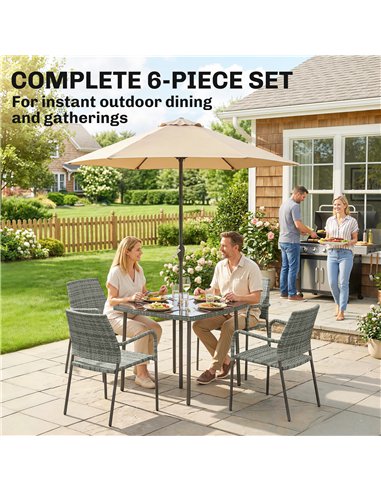Outsunny 4 Seater Rattan Dining Set with Parasol, 6 Piece Garden Table and Stackable Chairs with Tempered Glass Tabletop