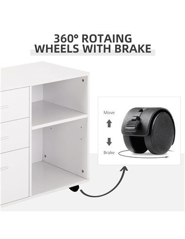 HOMCOM Freestanding Stand Unit Mobile Storage with Wheels, 3 Drawers, 2 Open Shelves, White