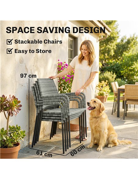Outsunny 4 Seater Rattan Dining Set with Parasol, 6 Piece Garden Table and Stackable Chairs with Tempered Glass Tabletop - pic 199200 | FastDaddyshop
