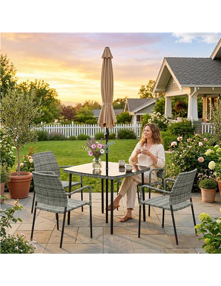 Outsunny 4 Seater Rattan Dining Set with Parasol, 6 Piece Garden Table and Stackable Chairs with Tempered Glass Tabletop - pic 199203 | FastDaddyshop