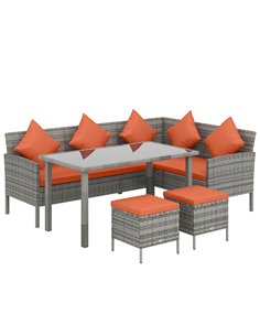 Outsunny 6-Seater Rattan Dining Set Sofa Table Footstool Outdoor w/ Cushion Garden Furniture, Orange
