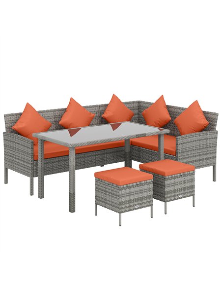 Outsunny 6-Seater Rattan Dining Set Sofa Table Footstool Outdoor w/ Cushion Garden Furniture, Orange - pic 199204 | FastDaddyshop