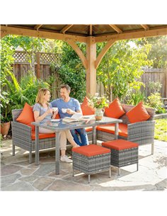 Outsunny 6-Seater Rattan Dining Set Sofa Table Footstool Outdoor w/ Cushion Garden Furniture, Orange 2